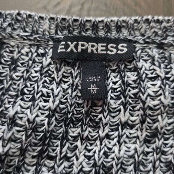 Express Women's Size Medium Black White Marled Lace Up Cold Shoulder Sweater - Picture 2 of 5